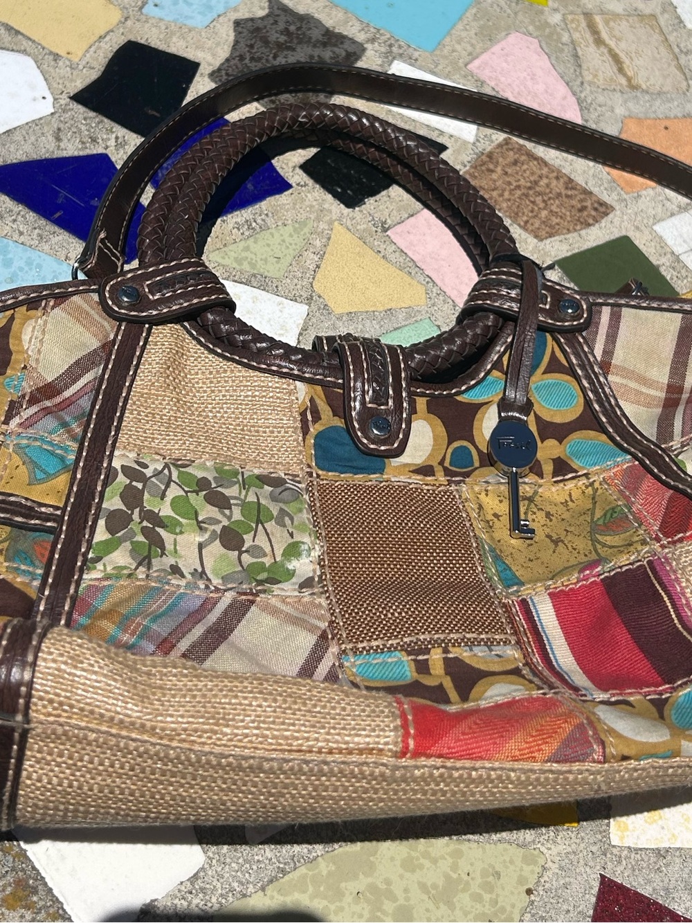 Vintage Fossil Patchwork Handbag w/Leather Trim 👝💐🪢
